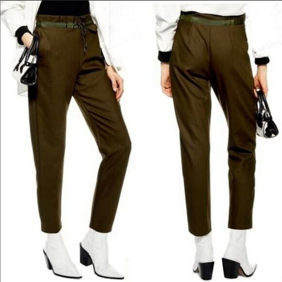 TOPSHOP | Paperbag Drawstring Waist Pants Green 8 - Picture 2 of 10